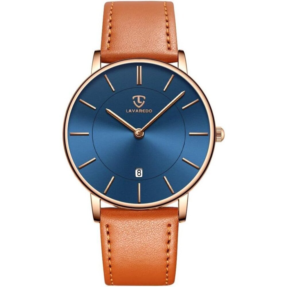 Mens Orange-Blue Gold Leather Strap Analog Minimalist Simple Buckle Wrist Watch